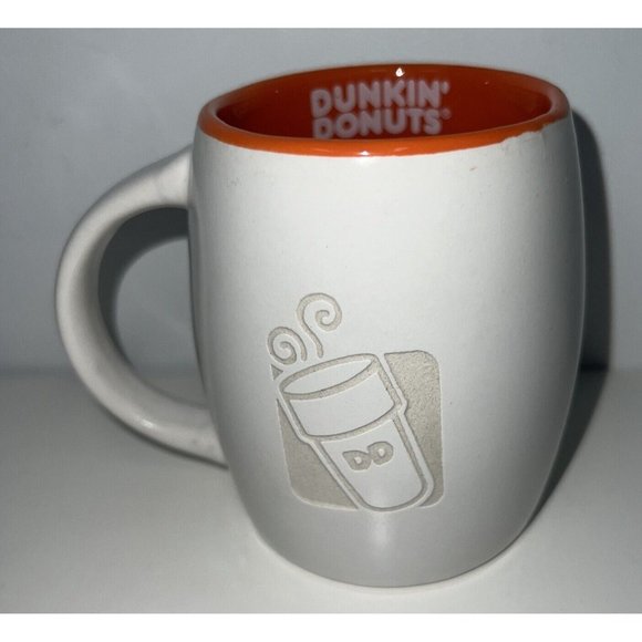 Dunkin Donuts Coffee Mug Tea Cup Engraved Logo 14 Oz 2012 Orange White Ceramic - Picture 1 of 4
